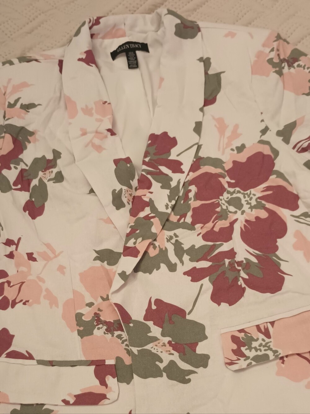 Ellen Tracy Floral Tie-Sleeve Blazer Jacket Linen White with Pink & Olive M - Picture 9 of 9